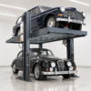 Two-post car parking lift with a classic Volvo raised above a black Jaguar in a garage