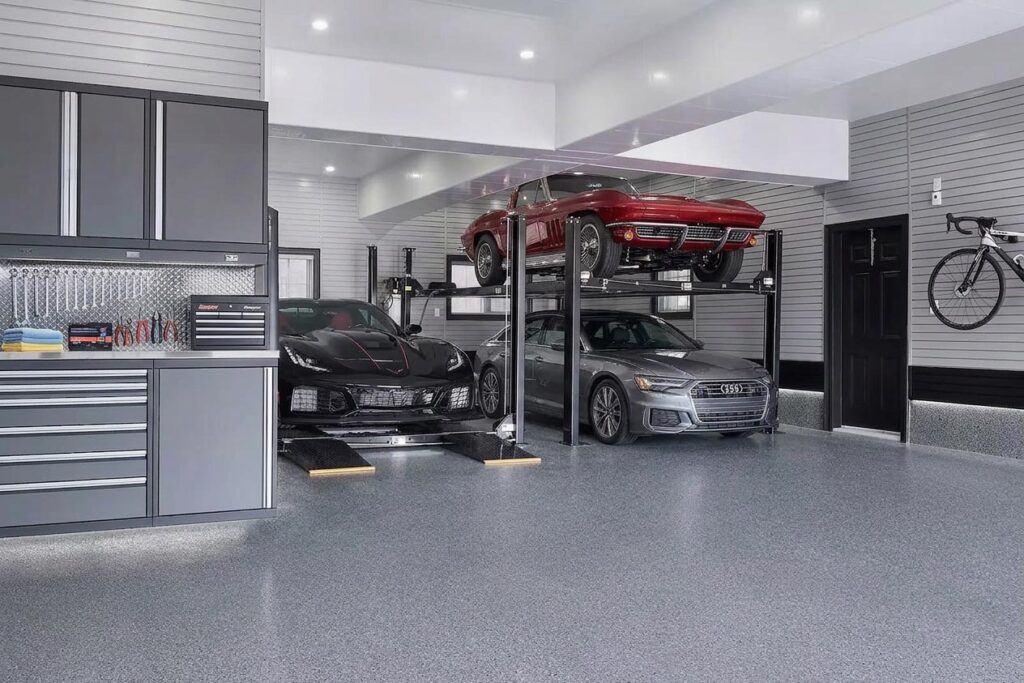 Car garage lift installed in an enthusiast garage