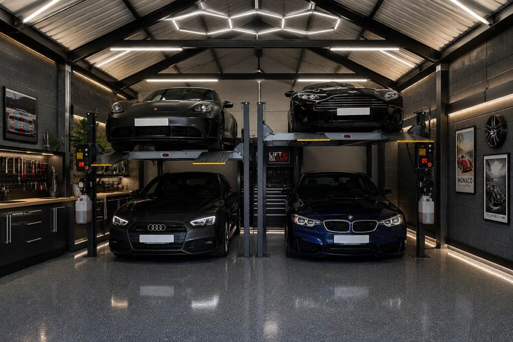 Four post car lifts in a garage